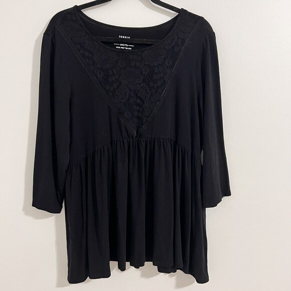 Torrid Black Babydoll Top Lagenlook Size 1X Super Soft Knit Embroidery Slouchy - Picture 1 of 6